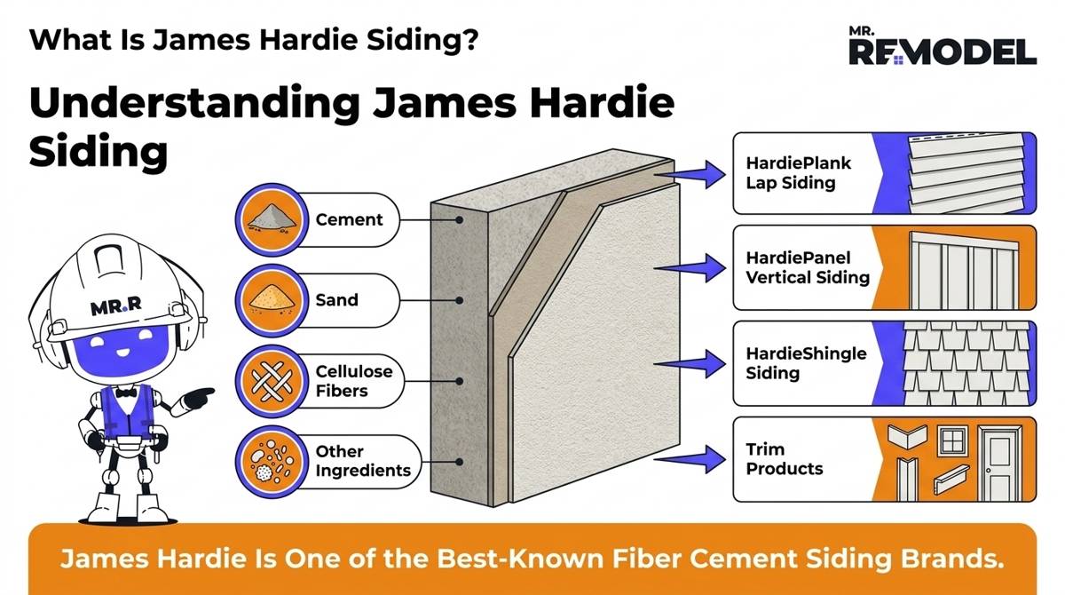 Overview infographic explaining what James Hardie siding is, its product lines, and why homeowners choose it.